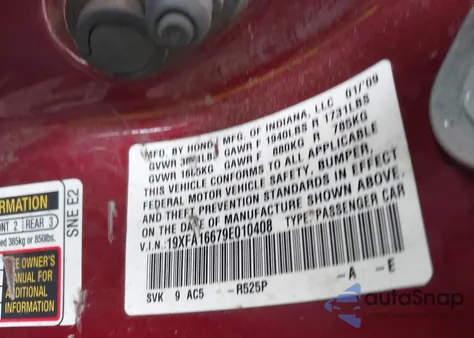 2009 Honda Civic Lx-S z USA, uszkodzony, nr VIN 19XFA16679E010408